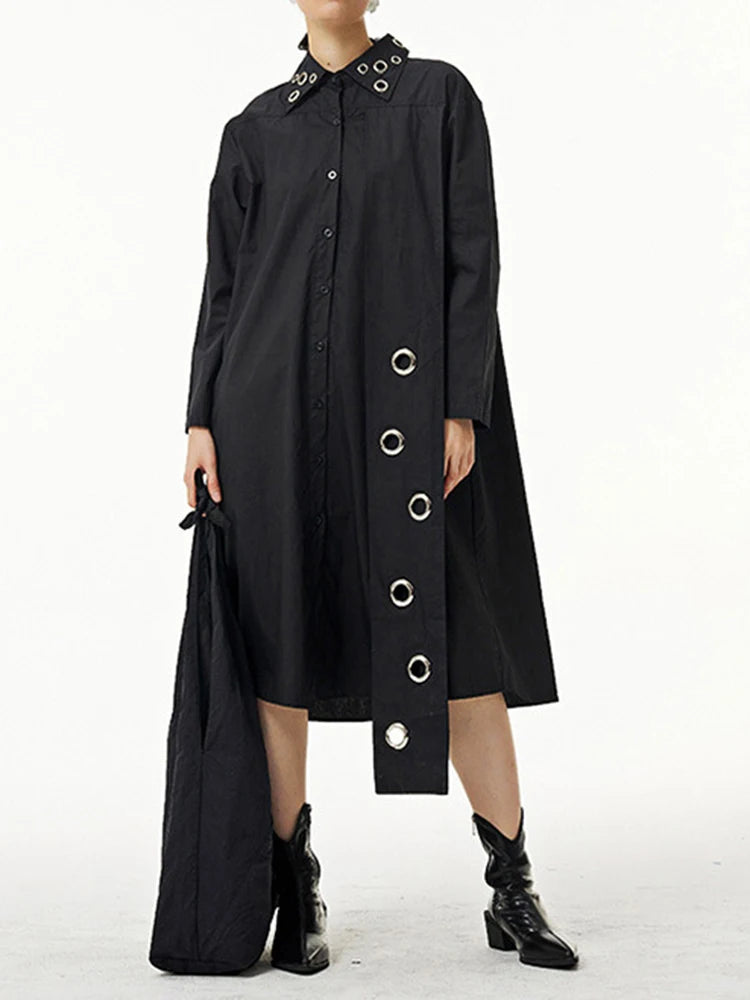 Women Black Metal Circle Irregular Hem Big Size Shirt Dress New Lapel Long Sleeve Fashion Tide Spring Autumn 2025 1DJ0883