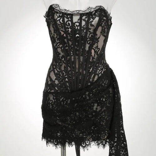 Load image into Gallery viewer, Elegant Lace Strapless Sexy Mini Dress For Women Fashion Off-shoulder Irregular Ruched Bodycon Night Club Party Dress
