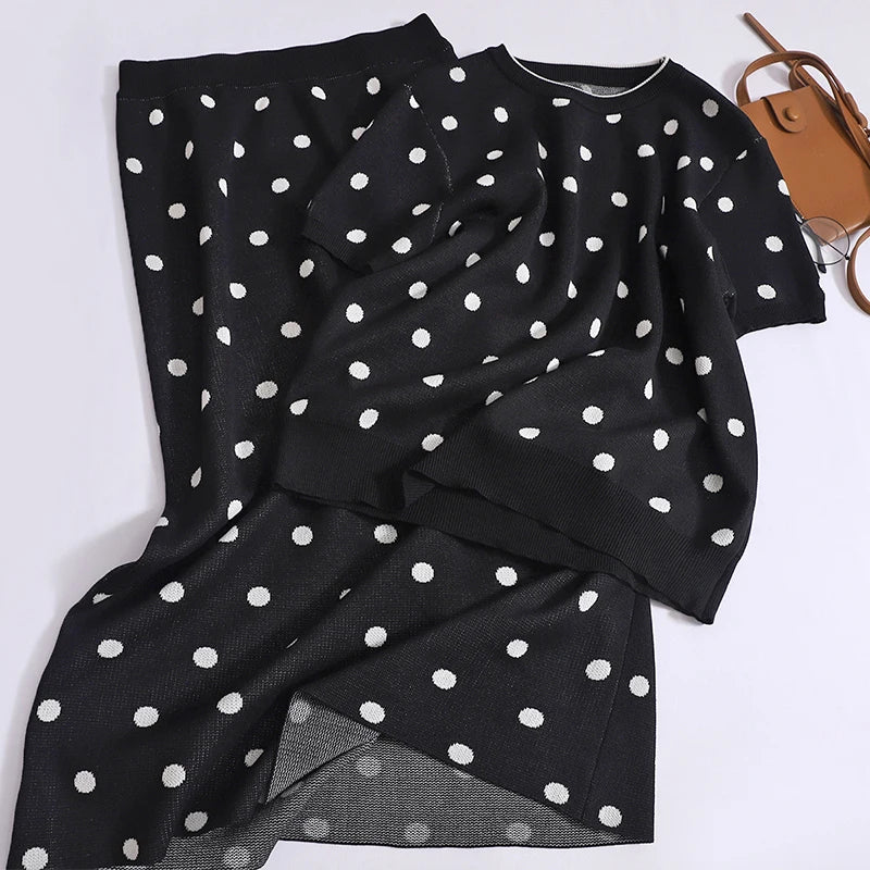 French Retro Summer Set Black Brown Polka Dot Round Neck Short Sleeved Knit T-shirt Top And High Waist Long Skirt Women Suit New