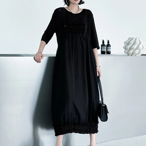 Load image into Gallery viewer, Women Black Ruffles Spliced Big Size Strap Dress New Square Collar Sleeveless Fashion Tide Spring Autumn 2025 1DJ1157
