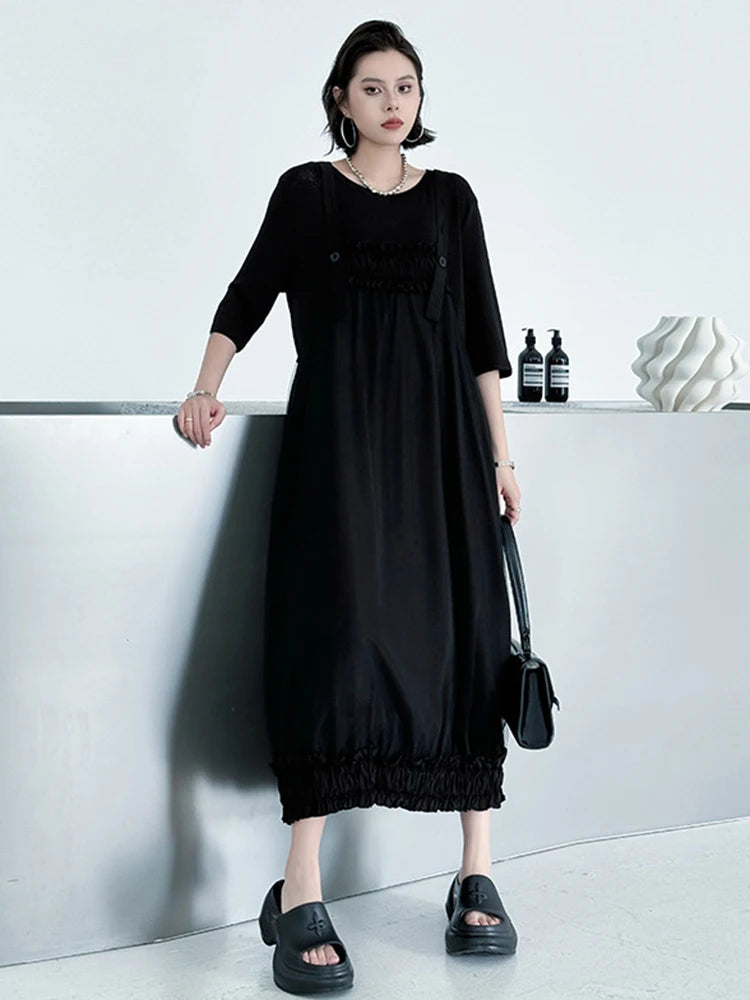 Women Black Ruffles Spliced Big Size Strap Dress New Square Collar Sleeveless Fashion Tide Spring Autumn 2025 1DJ1157