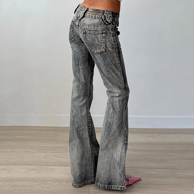 Streetwear Chic Low Waist Jeans for Women Denim Cargo Style Distressed Vintage Flared Trousers Slim Elegant Pants New