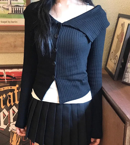 Korean Style Black Knit Women T-shirts Slim Basic Buttons Up Autumn Tee Long Sleeve Casual Kawaii Top Clothing Spring