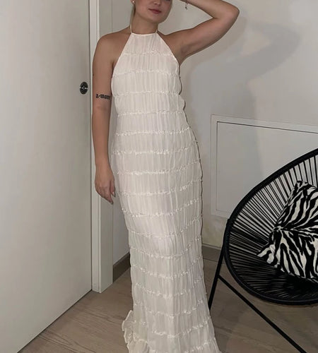 Halter Backless Sexy Maxi Dress For Women Spring Summer New Lace-up Sleeveless Pleated Beach Holiday Long Dress Elegant