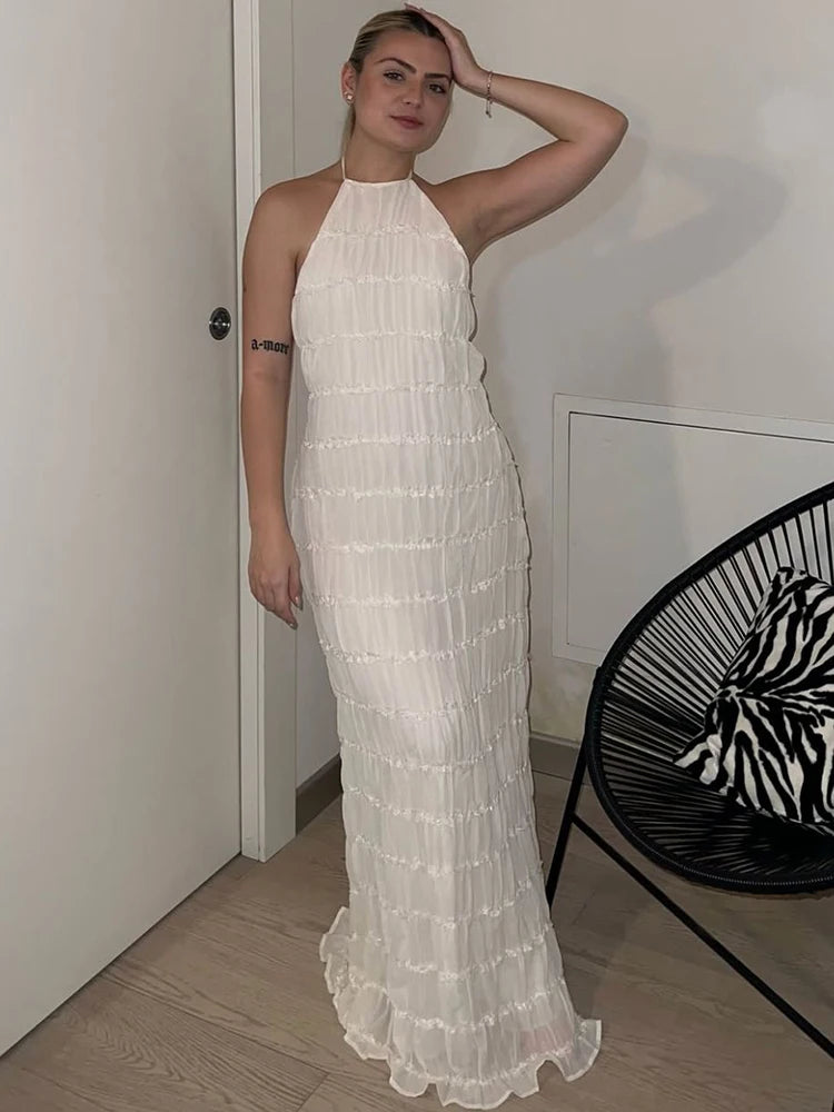 Halter Backless Sexy Maxi Dress For Women Spring Summer New Lace-up Sleeveless Pleated Beach Holiday Long Dress Elegant