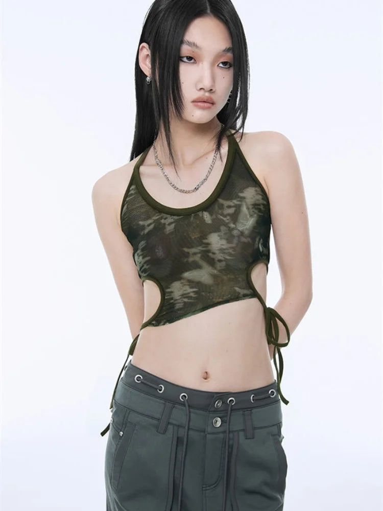 Fake Two Piece Halter Bandage Vest Women Summer Korean Fashion Crop Top Y2k Aesthetic Solid Tee Shirt Femme Hollow Out Camisetas