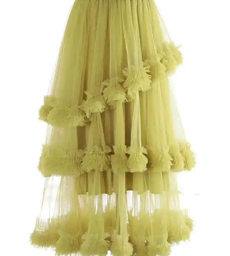 High Elastic Waist Yellow Mesh Ruffles Irregular A-line Half-body Skirt Women Fashion Tide New Spring Autumn 2025 1DH9405