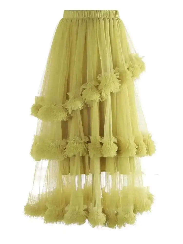 High Elastic Waist Yellow Mesh Ruffles Irregular A-line Half-body Skirt Women Fashion Tide New Spring Autumn 2025 1DH9405