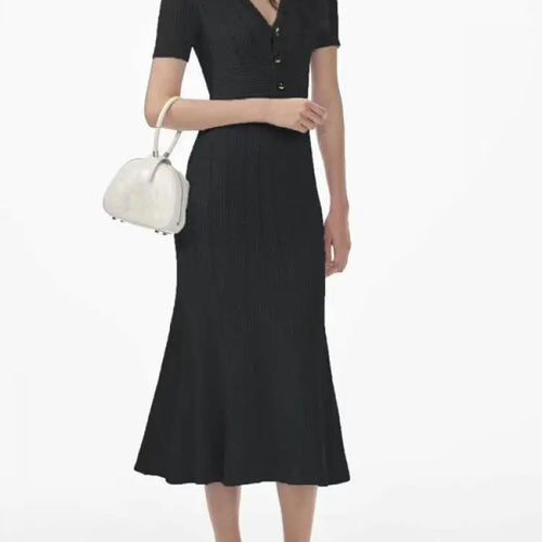 Load image into Gallery viewer, Fashion Women Solid V Neck Single Breasted Hollowed Out Knitted Dress Spring Summer Short Sleeves Festival Fishtail Long Dresses
