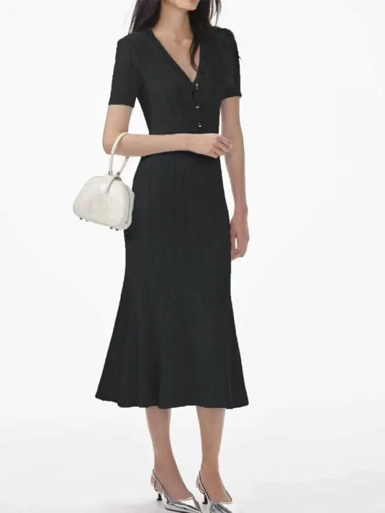 Fashion Women Solid V Neck Single Breasted Hollowed Out Knitted Dress Spring Summer Short Sleeves Festival Fishtail Long Dresses