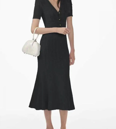 French Women's Black White Short Sleeved Knitted Long Dress Summer Blue V-neck High Waist Slim Hollow Out Button Pleated Dresses