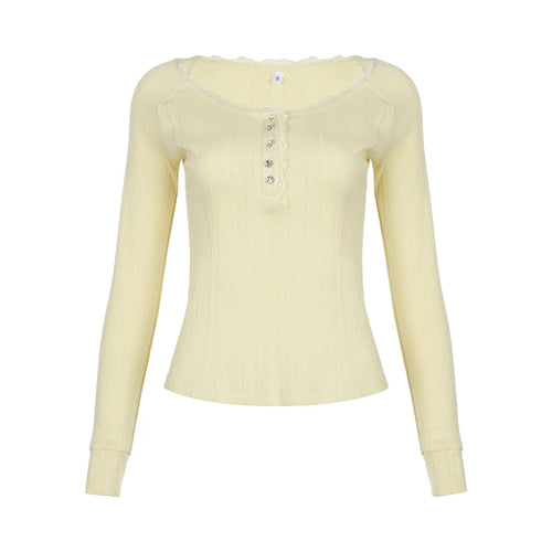 Load image into Gallery viewer, Coquette Yellow Bright Slim Jacquard Women Top Tee Slim Cutecore Lace Trim Buttons Autumn T shirt Clothing Knit Shirt
