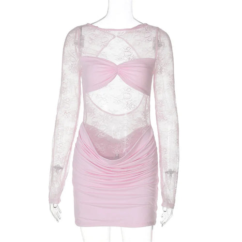 Load image into Gallery viewer, Lace See Through Ruched Sexy Mini Dress Women Elegant Patchwork Long Sleeve Strapless Backless Club Party Dress Female
