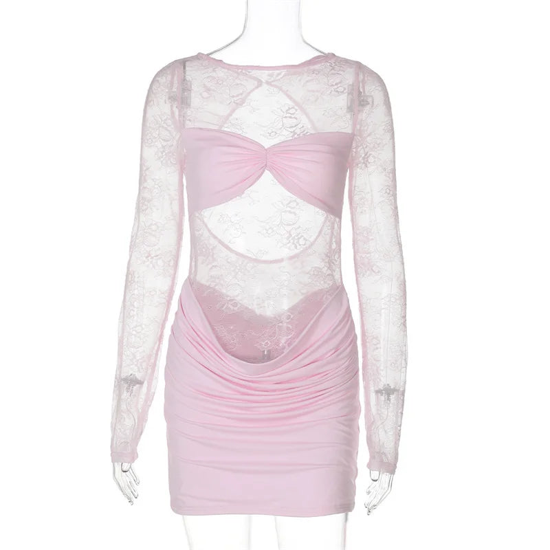 Lace See Through Ruched Sexy Mini Dress Women Elegant Patchwork Long Sleeve Strapless Backless Club Party Dress Female