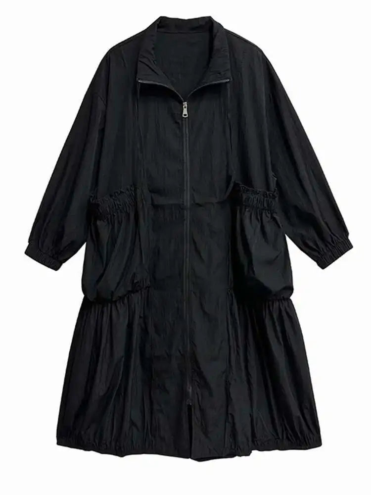 Women Khaki Pleated Big Size Casual Midi Dress New Stand Collar Long Sleeve Fashion Tide Spring Autumn 2025 1DH6824