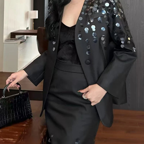 Load image into Gallery viewer, Solid Spliced Sequines Two Piece Set For Women Lapel Long Sleeve Coat High Waist Temperament Skirt Sets Female New
