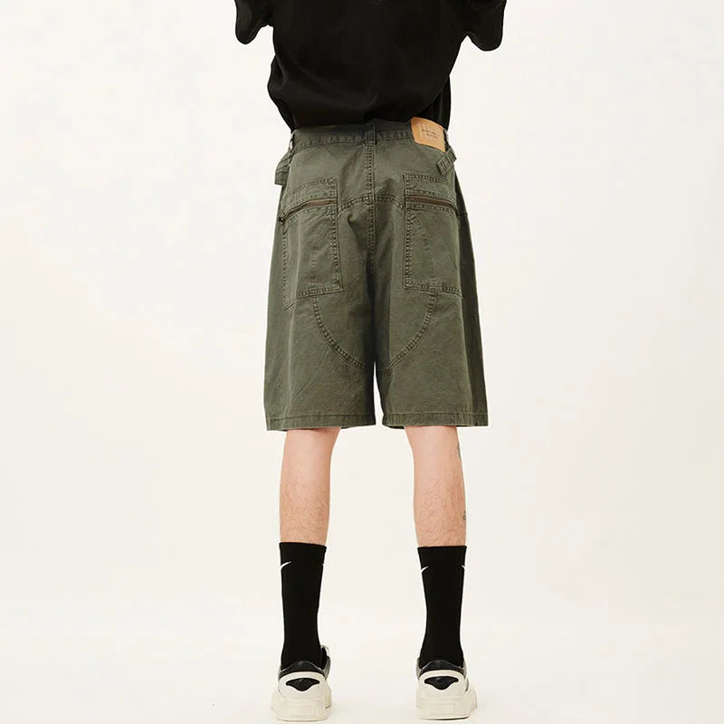 Men's Denim Shorts Summer Multi Pockets Zippers Design Straight Leg Trendy Casual Handsome Male Loose Pants 9W1713