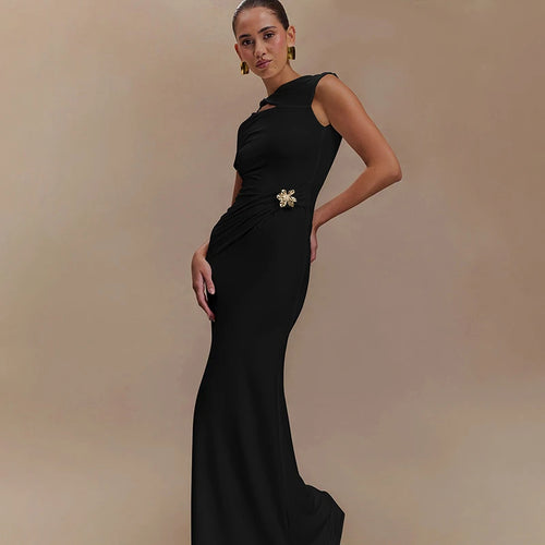 Load image into Gallery viewer, Hollow Out Backless Sexy Maxi Dress For Women Fashion Metal Buckle Solid Short Sleeve High Waist Slim Fit Long Dress
