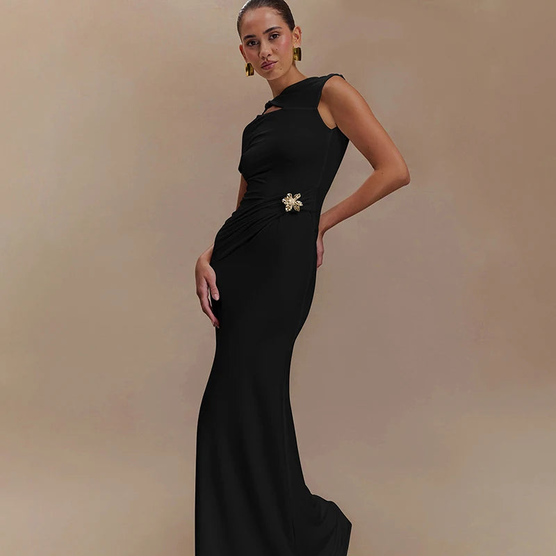 Hollow Out Backless Sexy Maxi Dress For Women Fashion Metal Buckle Solid Short Sleeve High Waist Slim Fit Long Dress