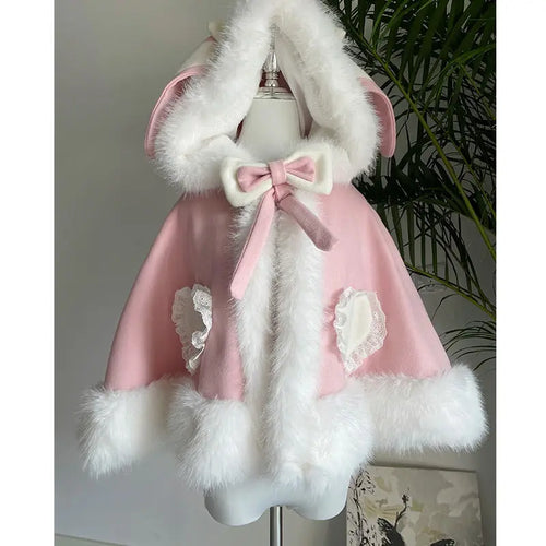 Load image into Gallery viewer, Japanese Lolita Sweet Rabbit&#39;s Ears Hooded Cloak Jackets Women Y2k Aesthetic Lace Patchwork Love Coat Harajuku Kawaii Bow Jacket
