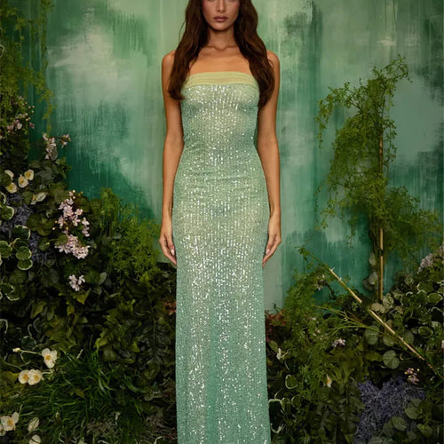 Load image into Gallery viewer, Sequin Strapless High Split Sexy Maxi Dress Women Elegant Off-shoulder Sleeveless Backless Sparkle Floor Length Dress
