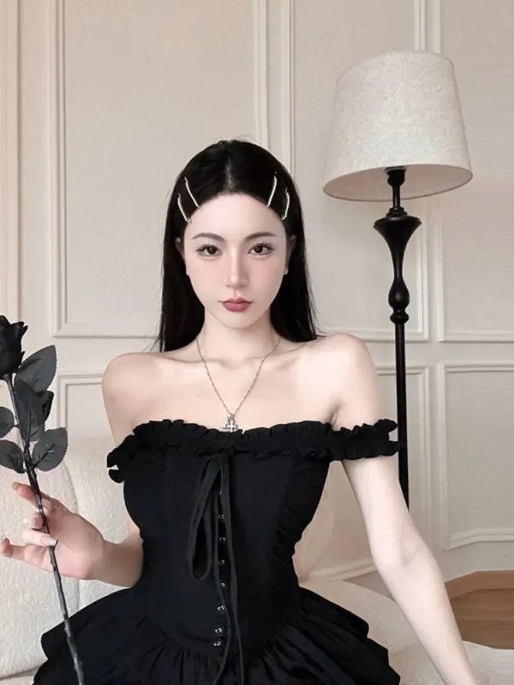 Gothic Lolita Kawaii Slip Dress Soft Girl Goth Harajuku Off Shoulder Backless Sexy Black Ruffles Party Dresses Y2k