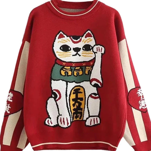 Load image into Gallery viewer, Women Cartoon Lucky Cat Embroidery Red Sweaters Harajuku Kawaii Knitted Pullover Winter Long Sleeve O-Neck Sweater
