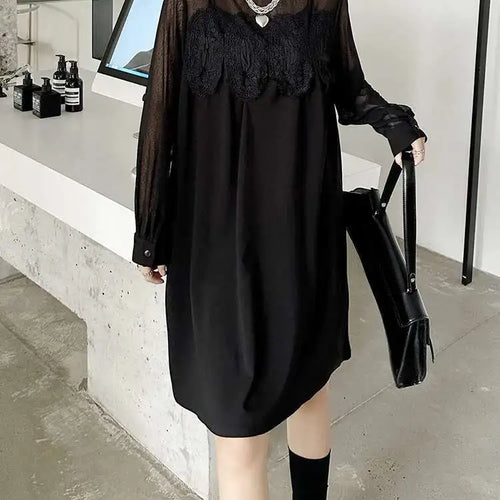 Load image into Gallery viewer, Women Black Mesh Lace Big Size Elegant Knee-Length Dress New Turtleneck Long Sleeve Fashion Spring Autumn 2025 1DH8734
