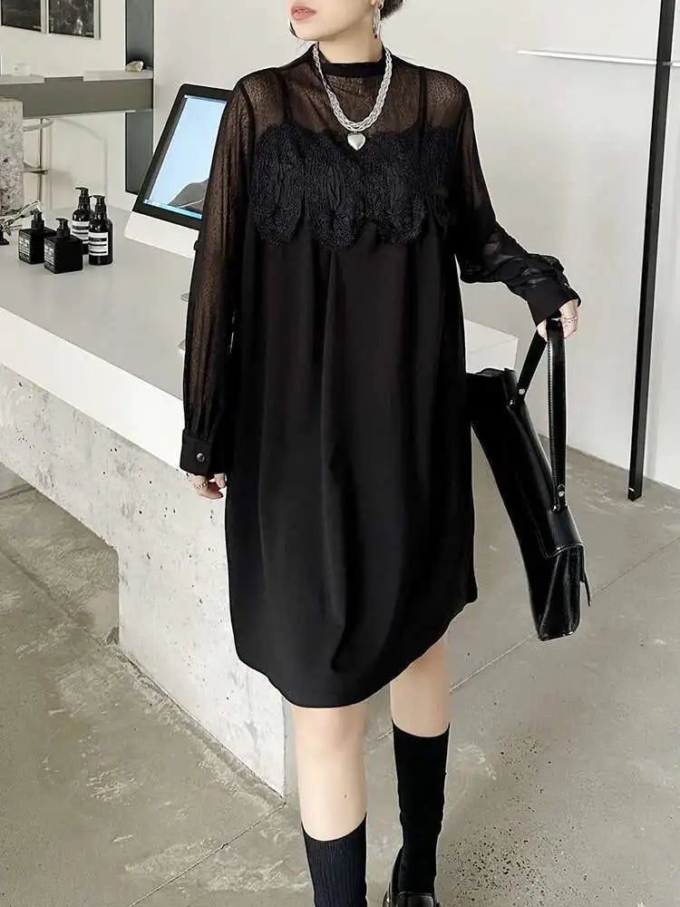 Women Black Mesh Lace Big Size Elegant Knee-Length Dress New Turtleneck Long Sleeve Fashion Spring Autumn 2025 1DH8734