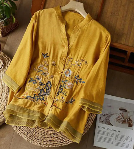 Vintage Women Solid Embroidery Loose V-neck Single Breasted Short Sleeve Cotton Shirt Summer Elegant Festival Artistic Tops Chic