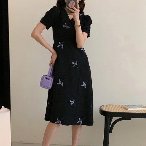 Load image into Gallery viewer, Black Slim Waist Floral Dress Puff Sleeve V-neck Fashion Elegant Office Ladies Summer Chic Party Club Evening Dresses
