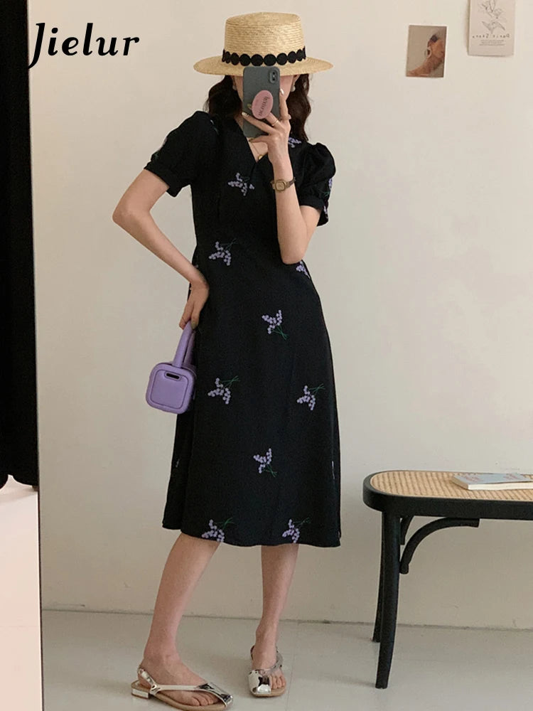 Black Slim Waist Floral Dress Puff Sleeve V-neck Fashion Elegant Office Ladies Summer Chic Party Club Evening Dresses