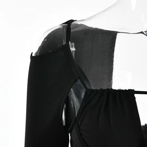 Load image into Gallery viewer, Hollow Out Spaghetti Strap Dresses Women Sexy High Waist Long Sleeve Party Outfits Solid Backless Black Fishbone Dress
