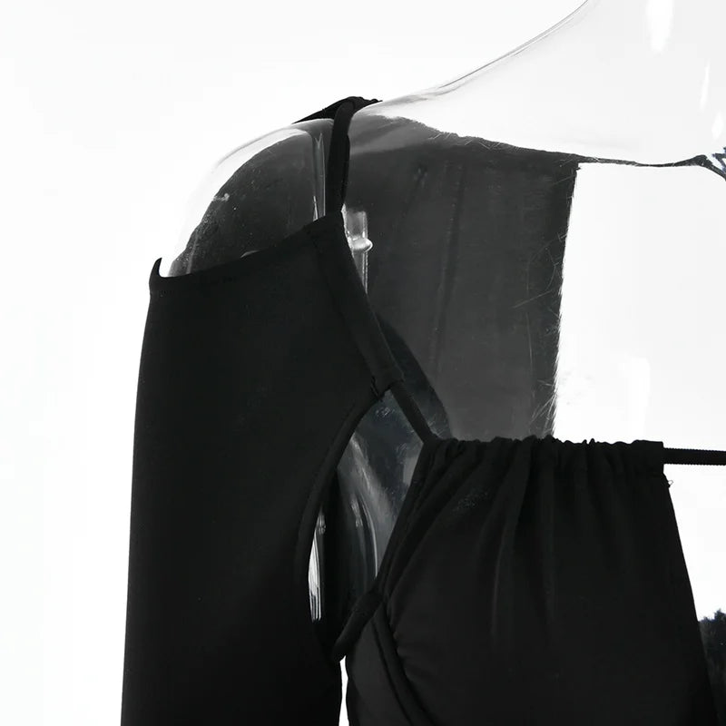 Hollow Out Spaghetti Strap Dresses Women Sexy High Waist Long Sleeve Party Outfits Solid Backless Black Fishbone Dress