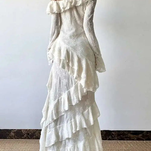 Load image into Gallery viewer, Women Apricot Ruffles Irregular Slim Elegant Long Dress New Diagonal Collar Long Sleeve Fashion Spring Autumn 2025 1DJ0523
