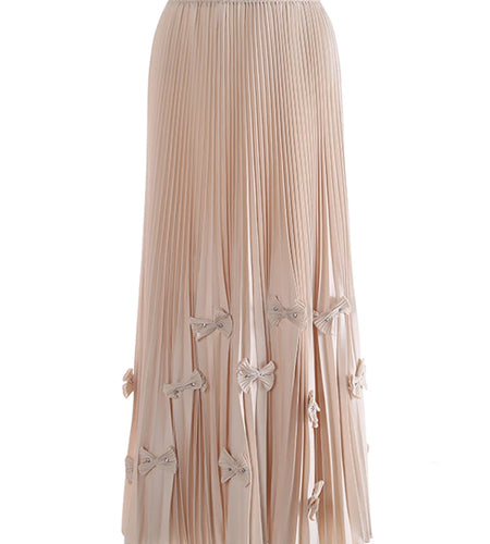 High Elastic Waist Red Bow Rhinestones Pleated A-line Half-body Skirt Women Fashion Tide New Spring Autumn 2025 1DJ1260