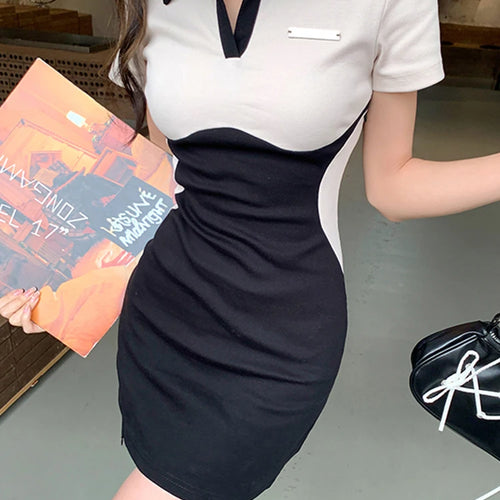 Load image into Gallery viewer, Spell Color High Waist Slim Sexy Polo Dress High Street Tight Hip Short Sleeve Split Women Dresses Chic Female Y2k Dress
