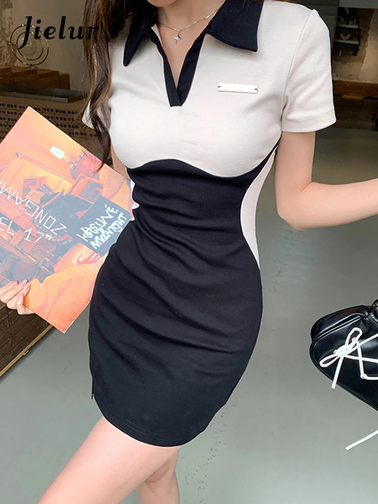 Spell Color High Waist Slim Sexy Polo Dress High Street Tight Hip Short Sleeve Split Women Dresses Chic Female Y2k Dress