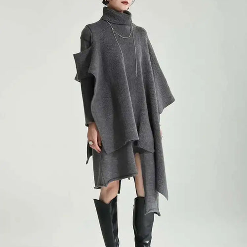 Load image into Gallery viewer, Women Gray Irregular Design Knitting Dress New Turtleneck Long Sleeve Loose Fit Fashion Tide Spring Autumn 2025 1DF2618
