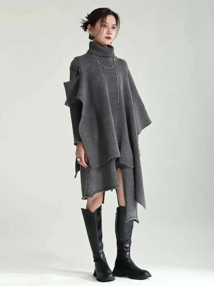 Women Gray Irregular Design Knitting Dress New Turtleneck Long Sleeve Loose Fit Fashion Tide Spring Autumn 2025 1DF2618