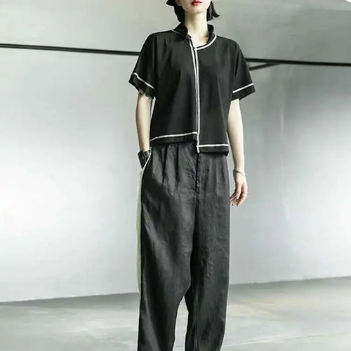 Load image into Gallery viewer, Women Black Line Stitch Irregular Big Size T-shirt New V-collar Short Sleeve  Fashion Tide  Spring Summer 2025 1X004
