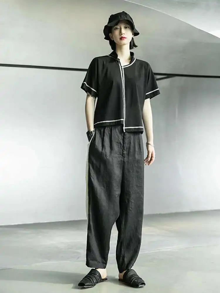 Women Black Line Stitch Irregular Big Size T-shirt New V-collar Short Sleeve  Fashion Tide  Spring Summer 2025 1X004