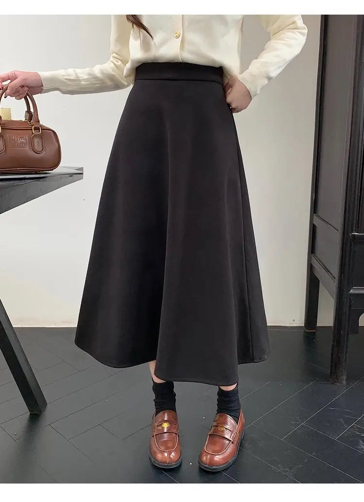 Autumn Winter Solid Large Size Woolen Long Skirt Women Fashion Korean Ladies High Waist Festival Pleated A-line Skirt Simplicity