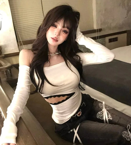 2025 Hollow Out Lace Patchwork Tshirts Y2k Aesthetic Slash Neck Grunge T-shirt Harajuku Autumn Irregular Vintage Tops Streetwear