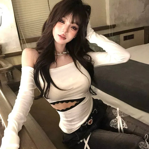 Load image into Gallery viewer, 2025 Hollow Out Lace Patchwork Tshirts Y2k Aesthetic Slash Neck Grunge T-shirt Harajuku Autumn Irregular Vintage Tops Streetwear
