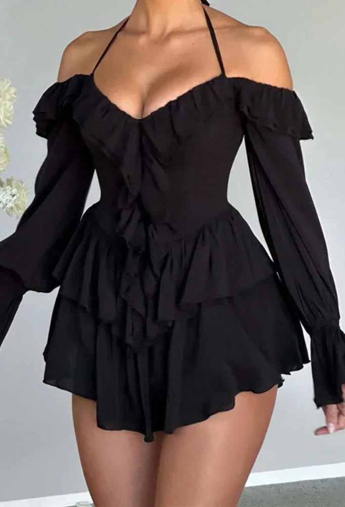 Pink Ruffle Dress Sexy Elegant Halter Neck Long Sleeve Short Dresses Fall 2023 Fashion Women Clothing C16-FZ52