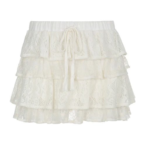 Load image into Gallery viewer, Cottagecore Sweet Lace Skirt Female Solid Cake Fold Ruffles Korean Style Mini Skirt Four-Layers Kawaii Clothes Bottom
