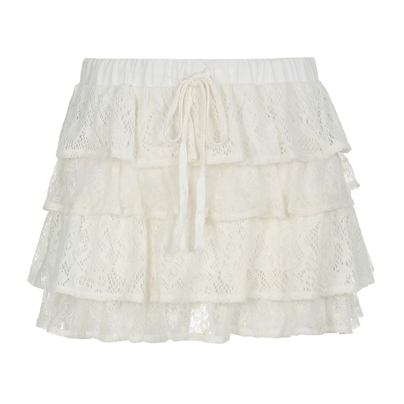 Cottagecore Sweet Lace Skirt Female Solid Cake Fold Ruffles Korean Style Mini Skirt Four-Layers Kawaii Clothes Bottom