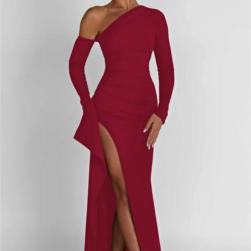 Load image into Gallery viewer, Oblique Shoulder Thigh High Split Maxi Dress Women Long Sleeve Backless Bodycon Sexy Club Party Long Dress Vestidos
