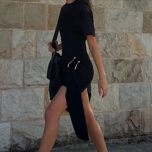 Load image into Gallery viewer, Short Sleeve Draped Sexy Mini Dress For Women Black Metal Buckle O Neck High Waist Bodycon Club Dress Vestido Clothes
